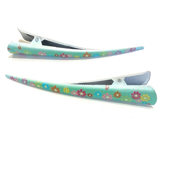 Updo Hair Clips Set Of 2 Green With Multi Colored Flowers - Picture 4 of 5